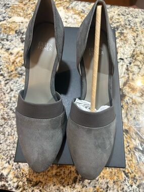 Eileen Fisher Gray Suede Pointed D'Orsay Heels with Elastic Band